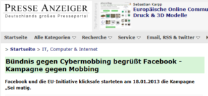 presseanzeiger.de – Meldung: Bündnis gegen Cybermobbing begrüßt Facebook – Kampagne gegen Mobbing
